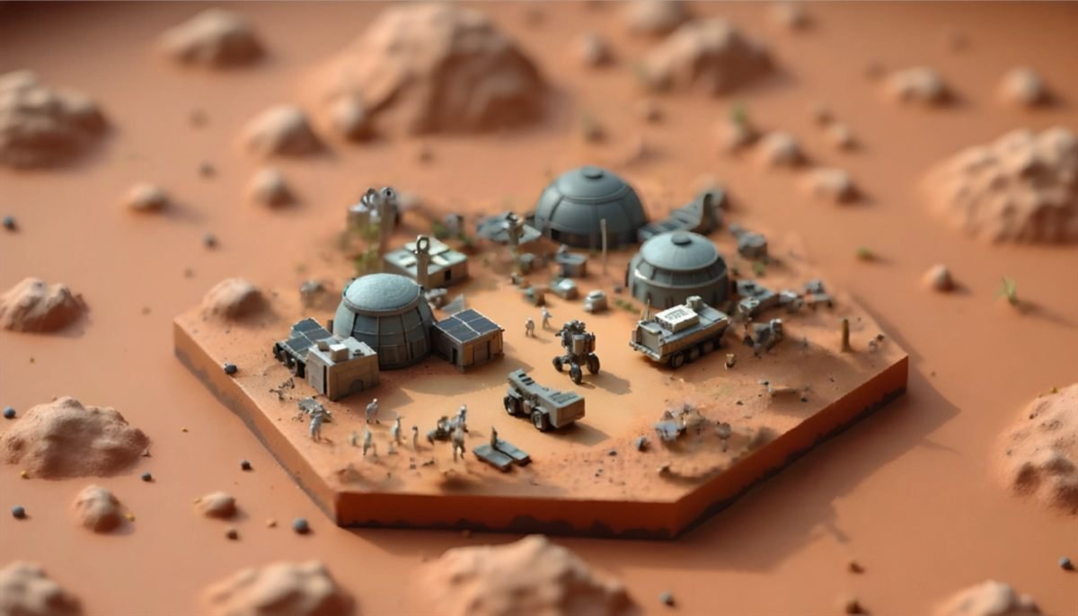 A completed hexagonal Mars colony model showing modelled habitats, solar arrays, rovers, and crew figures on red sand.